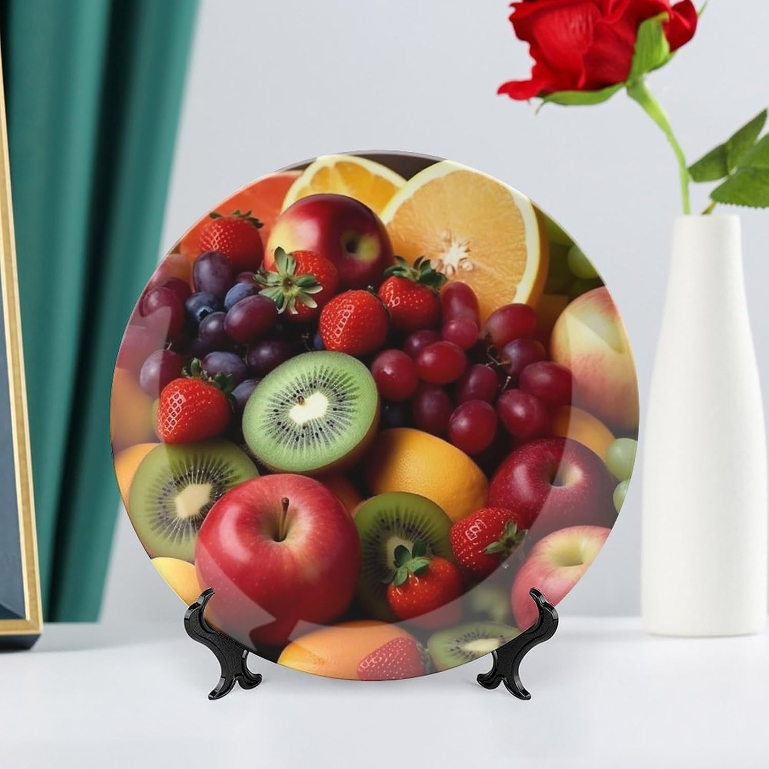 Fresh Fruits And Vegetables Ceramic Plate 10inch Decorative Bone China Wall Hanging Ornament Plates Bohemian Style Dinner Plate with Display Stand Cabinet Display Plates for Home Art Decor