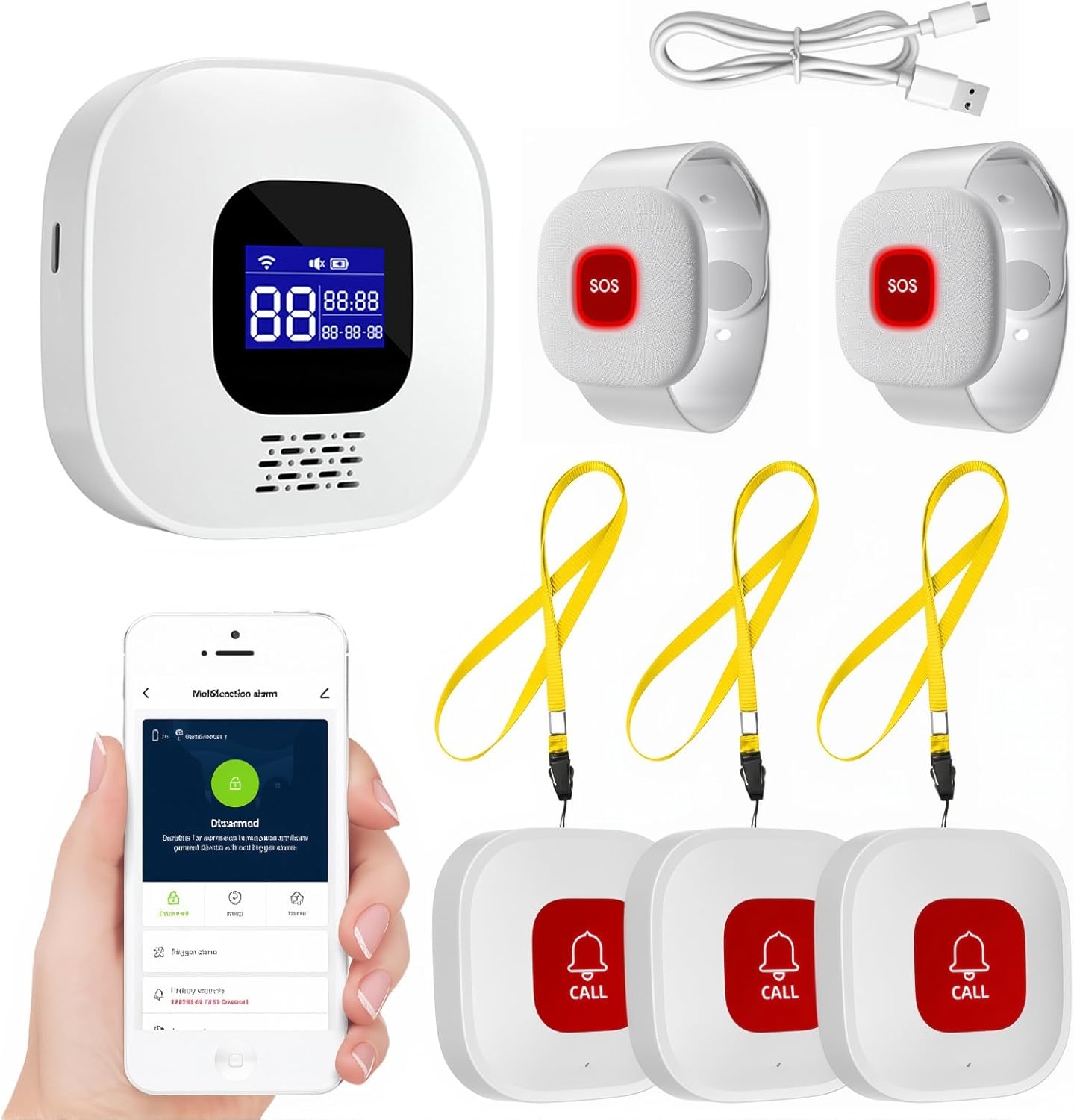 Life Alert System for Seniors No Monthly Fee,Medical Alert Wristband & Caregiver Pager,328ft Range Wi-Fi Emergency Call Button,1 Host Unit + 3 Buttons + 2 Bracelets for Home Use