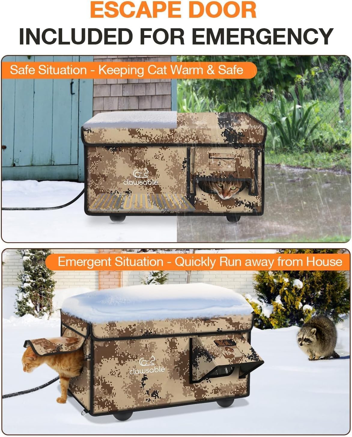 Indestructible Heated Cat House for Outside Cats Winter, 100% Weatherproof, Safe Escape Door, Insulated Outdoor Cat Shelter with Heater for Feral Barn Cat Kitty (Desert Camouflage, 26"x17"x14")