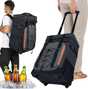 Rolling Backpack Cooler with Wheels and Handle, Soft Portable Cooler on Wheels 60 Cans 40L Large Capacity Collapsible Wheeled Camping Back Pack Coolers Insulated Leak Proof for Beach Travel Picnic