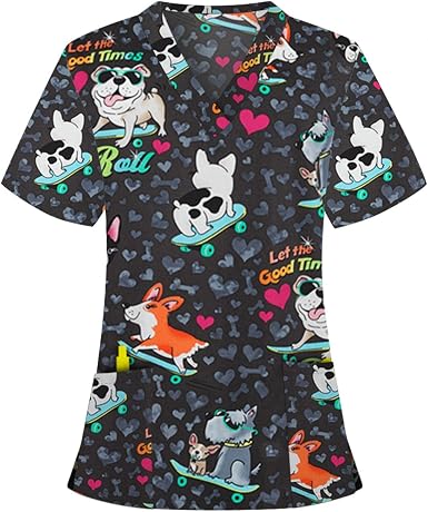 Amazon.com: Blusa tipo túnica para mujer con estampado floral y lindo  animal de dibujos animados, cuello en V, manga corta, con bolsillo,  uniforme de trabajo : Ropa, Zapatos y Joyería