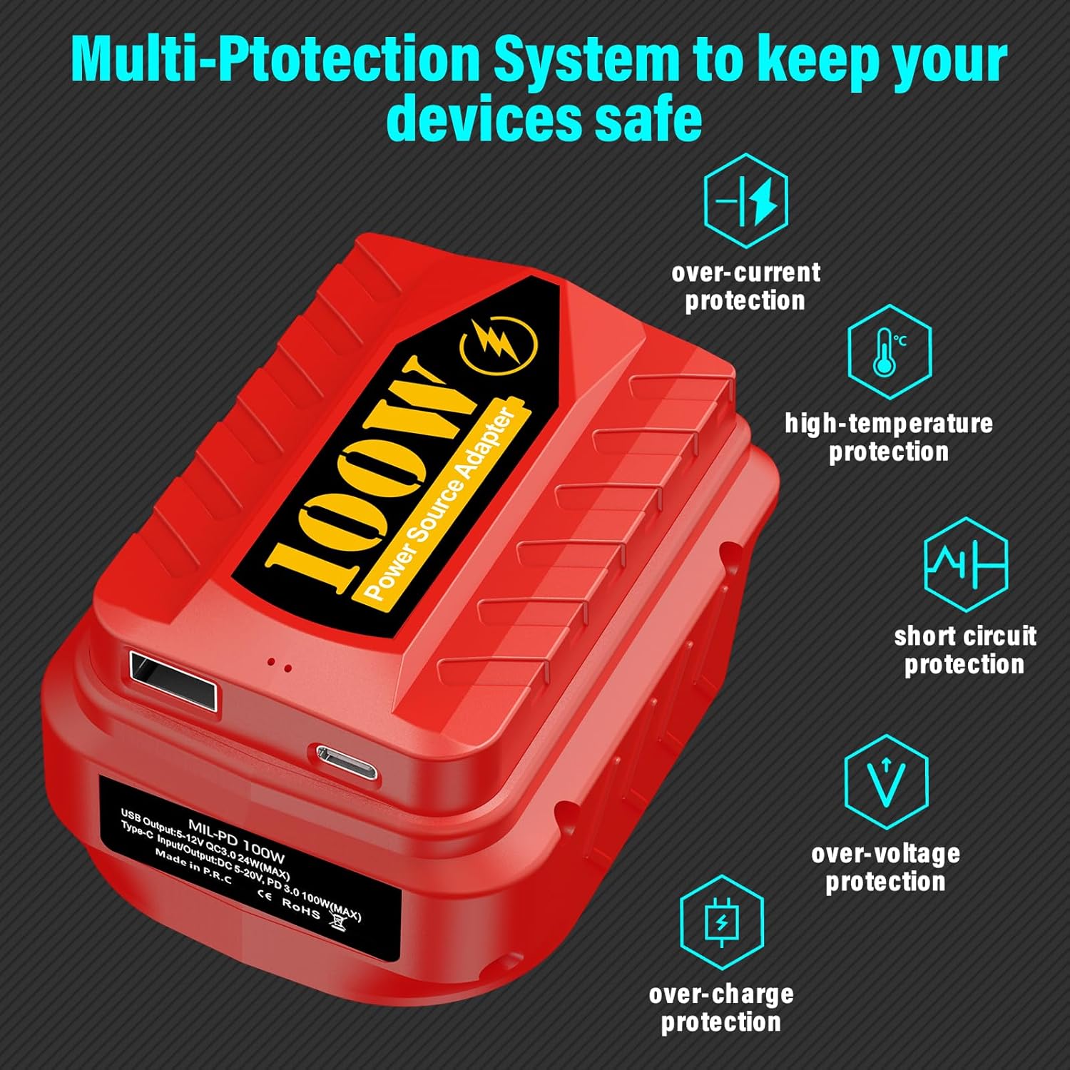 PD100W Battery Adapter Fit for Milwaukee for M18 18V, Fast Charging Output Power Source PD3.0 100W Type C/USB C Port, USB Port QC3.0, Charge Phone, Tablet, Laptop, USB Device (Adapter Only) - Image 4