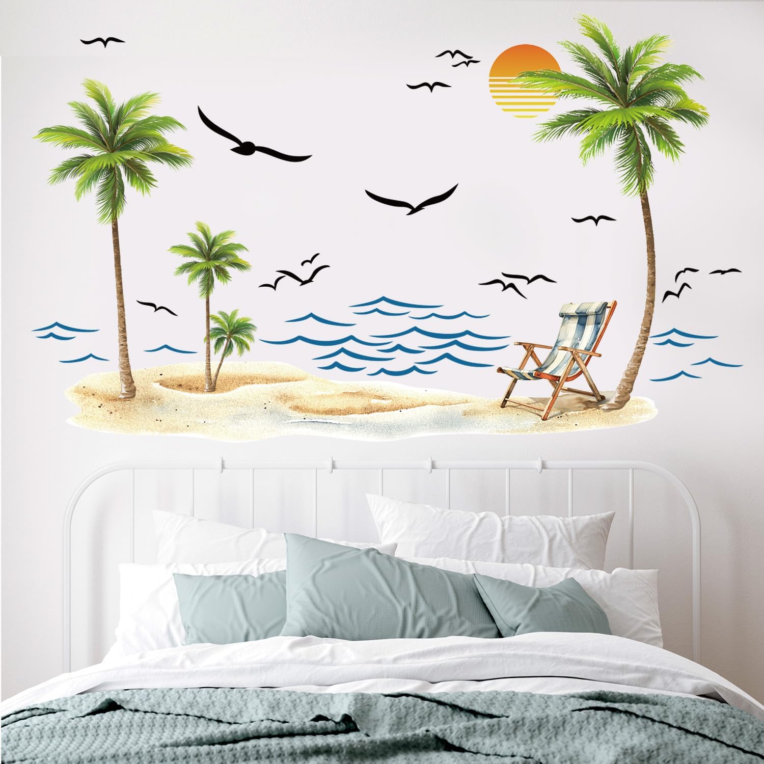 Palm Tree Wall Decals Watercolor Tropical Sea Waves Seagull Wall Stickers Peel and Stick Sunshine Beach Lounge Chairs Wall Decal Sticker Decal Bedroom Nursery Bathroom Kids Room Holiday Supply Decor