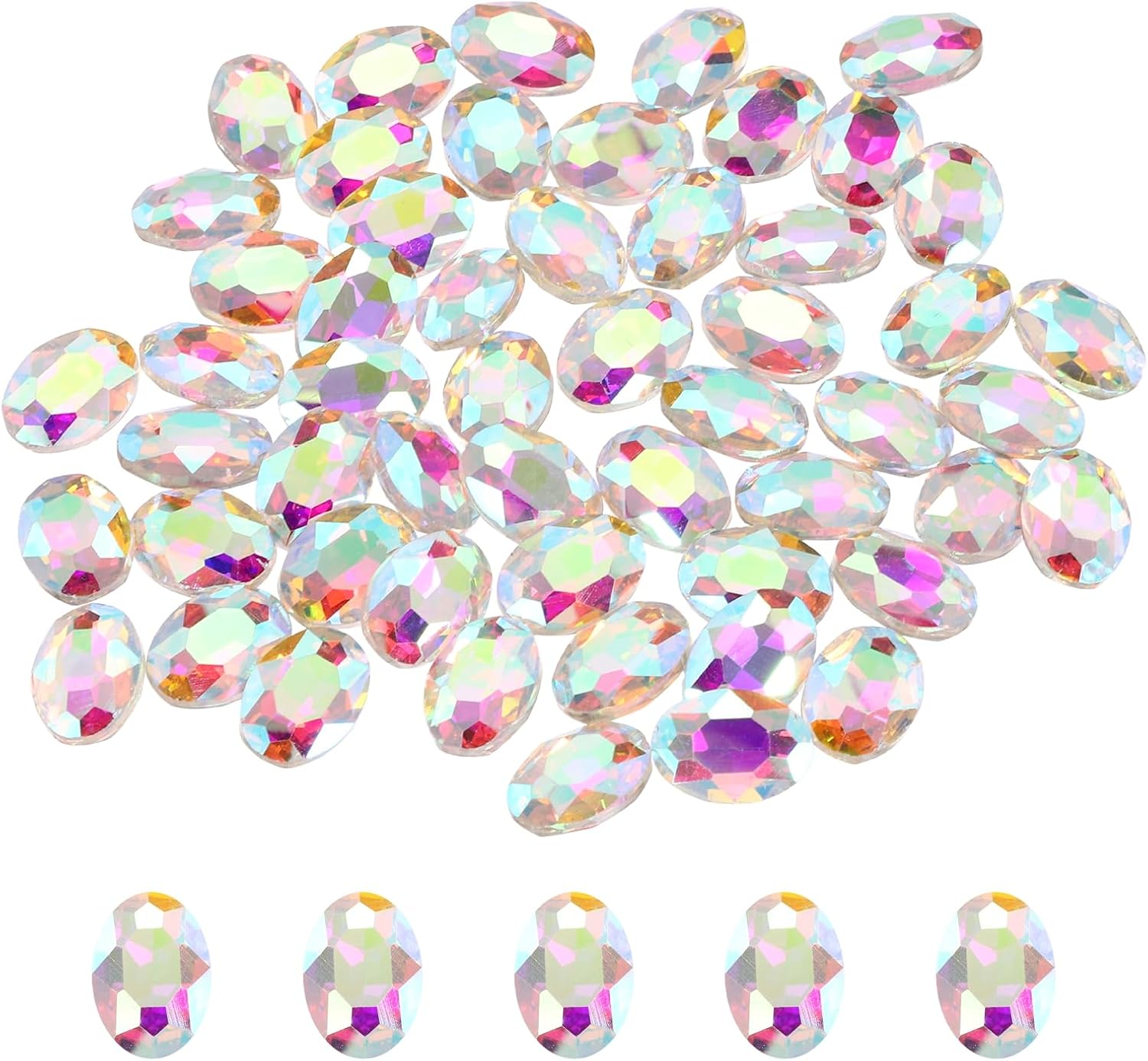 MECCANIXITY 50Pcs Oval Pointed Back Rhinestone, 10 x 14 mm Oval Faceted Glass Rhinestone Gems Pointed Back Faceted Glass Beads for Jewelry Making DIY Crafts Shoes Crystal, AB Color