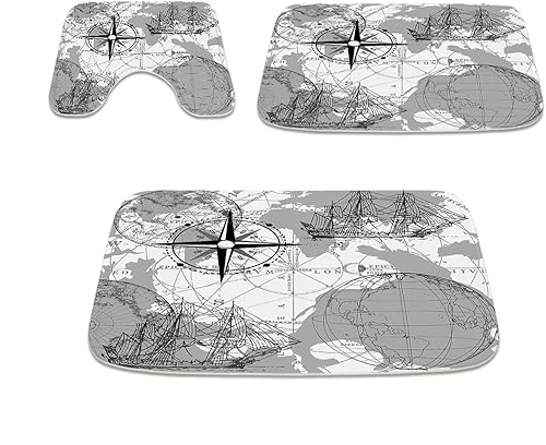 TheBlackSpot Compass - Alfombra de baño de barco con mapa antiguo, gris, 20 x 31 pulgadas, tapete de baño náutico para velero, 16 x 24, juego de 3