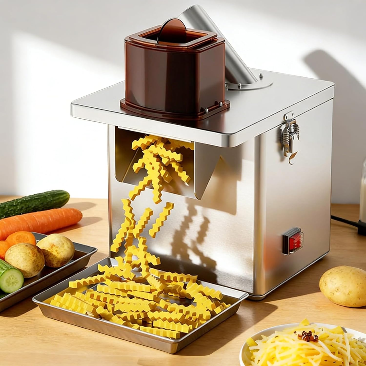 Commercial Vegetable Processor,Stainless Steel Fruit Slicer and Shredder,Wavy Potato Cutter Machine,Dual Feed Port,440Lb/H Cut Capacity for Vegetables