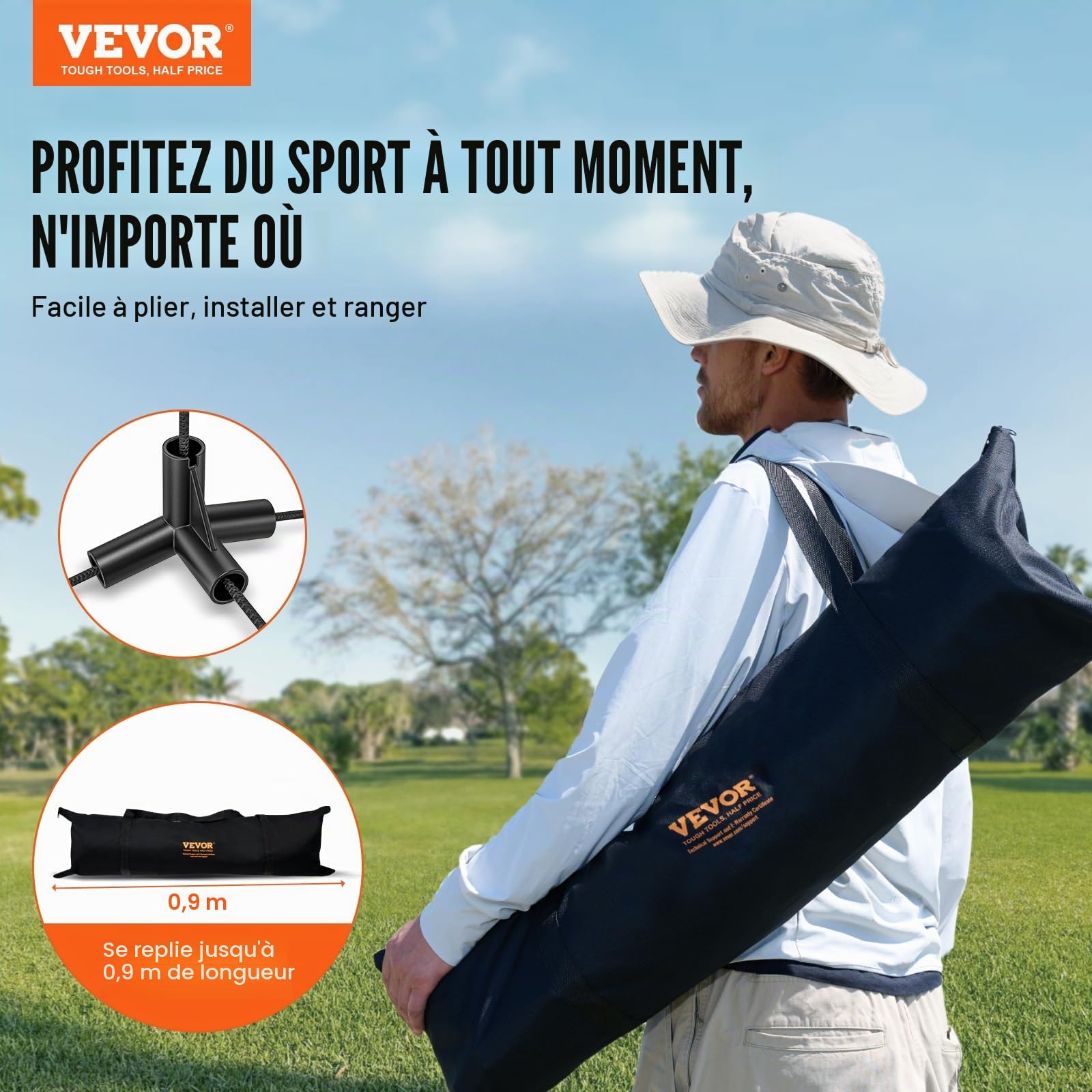 VEVOR Filet de badminton, 6,06 m, filet pliable de volley-ball réglable en hauteur, filet de tennis portable avec poteaux, support et sac de transport, pour les jeux intérieur et extérieur de l'enfant
