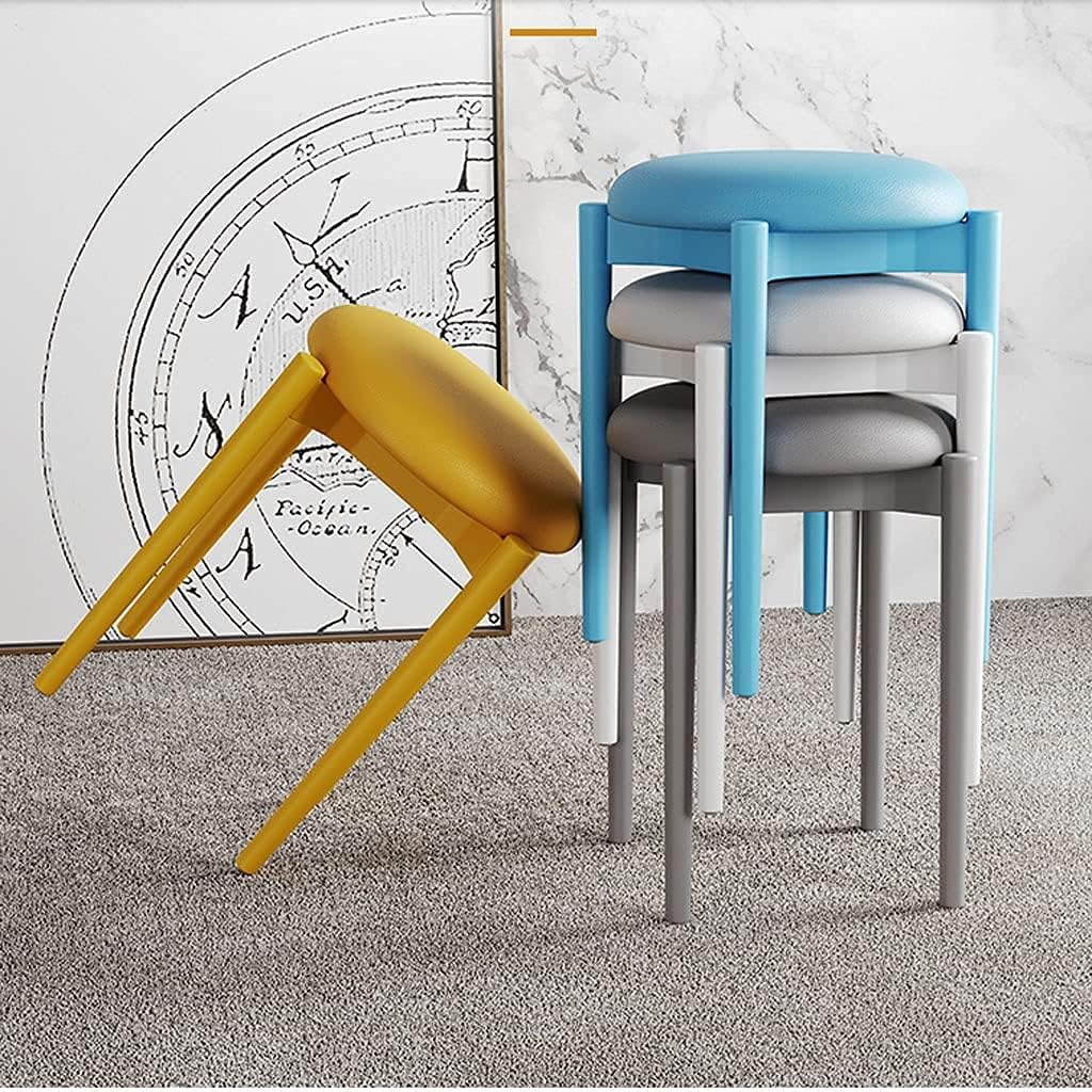 Minimalist Fashion Creative Plastic Round Stools Leather Cushions Dining Table Stools High Stools for Bedroom Living Room/Diningcasual/White