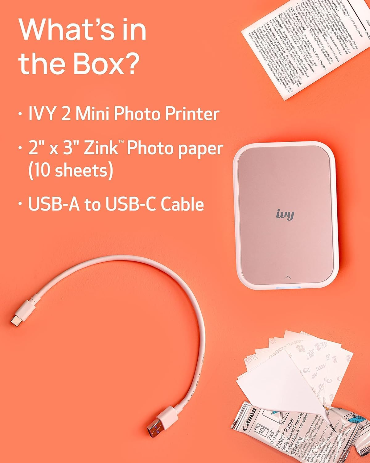 Ivy 2 Mini impresora fotográfica (rosa rubor) - Bluetooth, impresión desde dispositivos iOS y Android, paquete incluye 110 impresiones adhesivas Zink, barra de luz LED, funda protectora y cable 6