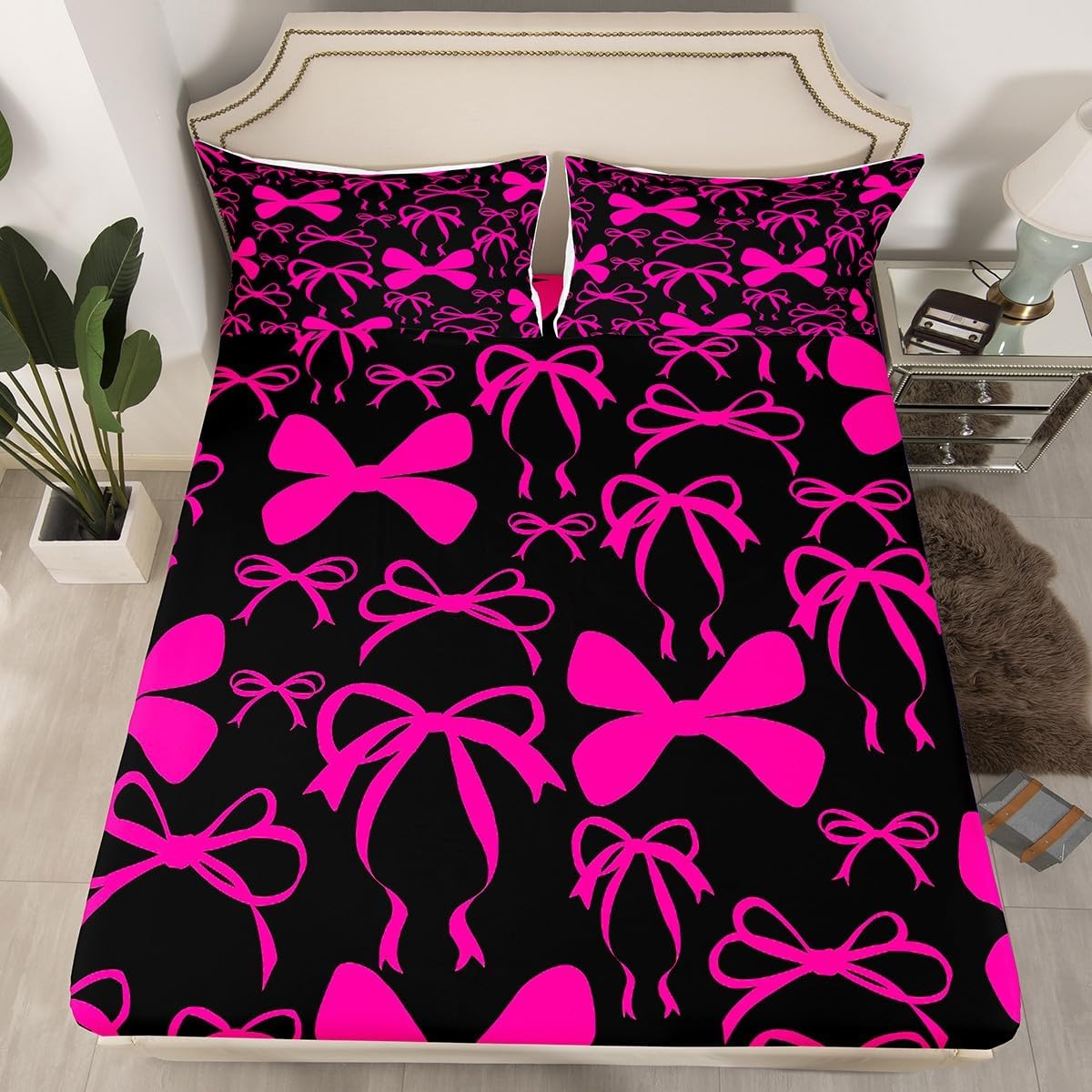 Feelyou Cute Bowknot Bed Sheet Set Boys Girls Full Size Bow Fitted Sheet for Kids Women Men Ultra Soft Pink Girls Bow Bedding Set Kawaii Bow Bed Cover Room Decor Lovely Decor Bed Set