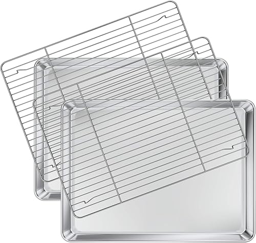 Deedro Juego de bandejas para hornear con estante 2 hojas + 2 estantes, medias hojas de acero inoxidable para hornear bandeja para hornear con