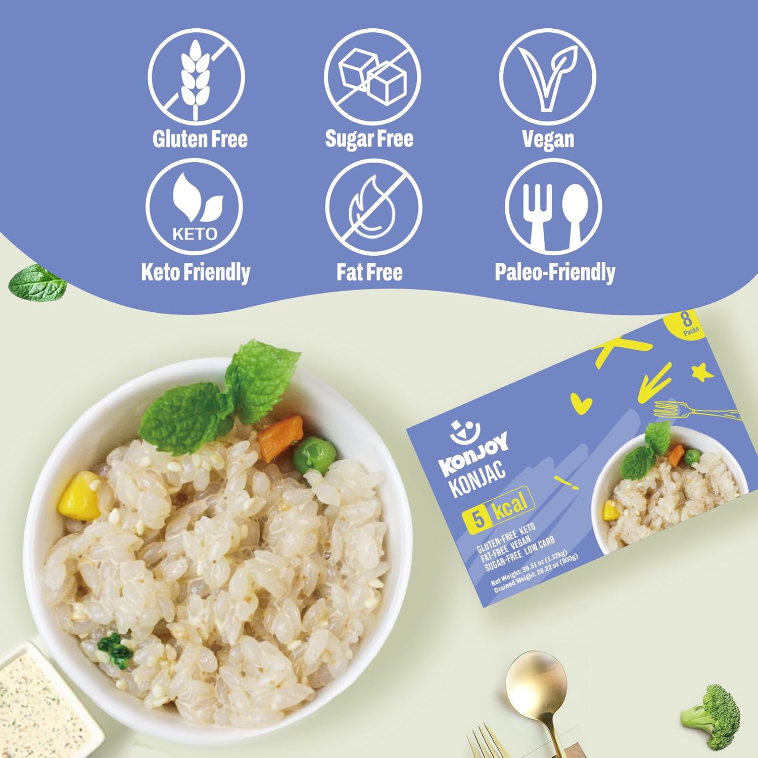 KONJOY Konjac Rice, 8 Pack Shirataki Rice, Low Carb, Low Calorie (5Kcal), Vegan, Gluten-Free, Sugar-Free, Keto, Ready-to-Eat Plant-Based Meal, Pre-Cooked Healthy Food and Holiday Gift
