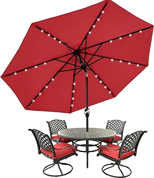 MASTERCANOPY 11FT 8Ribs Patio Umbrella with 32 Solar LED Lights, Outdoor Market Umbrella with Tilt & Crank, UV Protection & Fade Resistant Fabric, Easy Set-Up for Garden, Deck, Pool (Red)