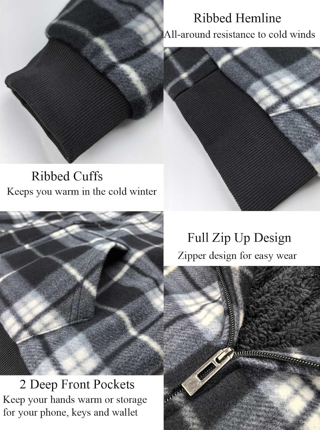 Heavyweight Hoodies for Men Zip Up Sweatshirts Plaid Flannel Sherpa Fleece Lined Winter Jacket Warm Coat - Image 5