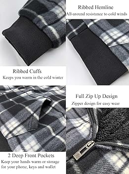 RGOT Chaquetas Para Hombre – Abrigo Con Cremallera Y Estampado De Cuadros De Búfalo Sin Capucha (Color Blanco Y Negro, Talla : XL