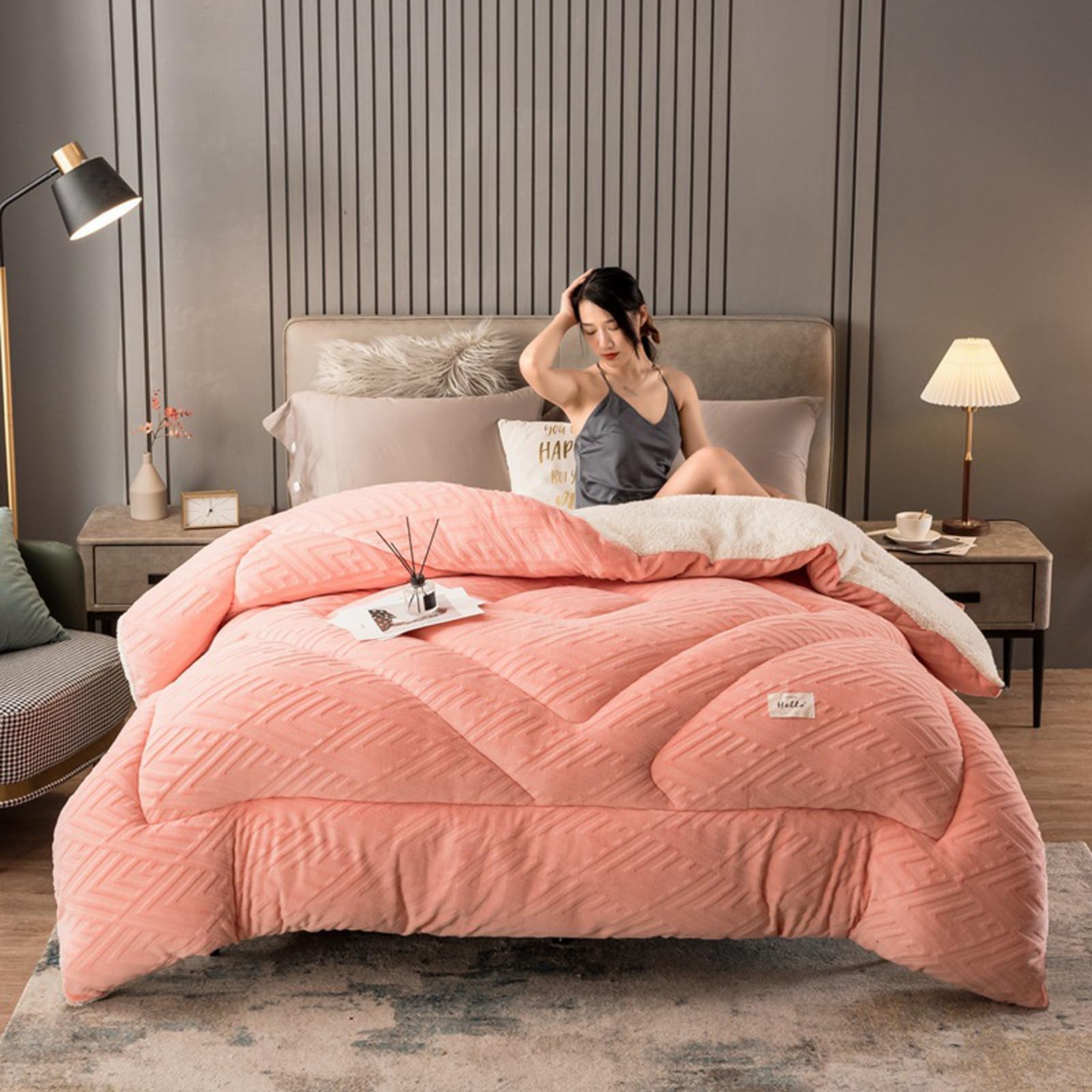 UYSELA Manta Cálido De Terciopelo De Franela y Borreguito, Microfibra Edredón De Plumón De Suave y Cómoda Manta para Cama Doble En Invierno,Rosa weiß,200x230cm/4.5kg