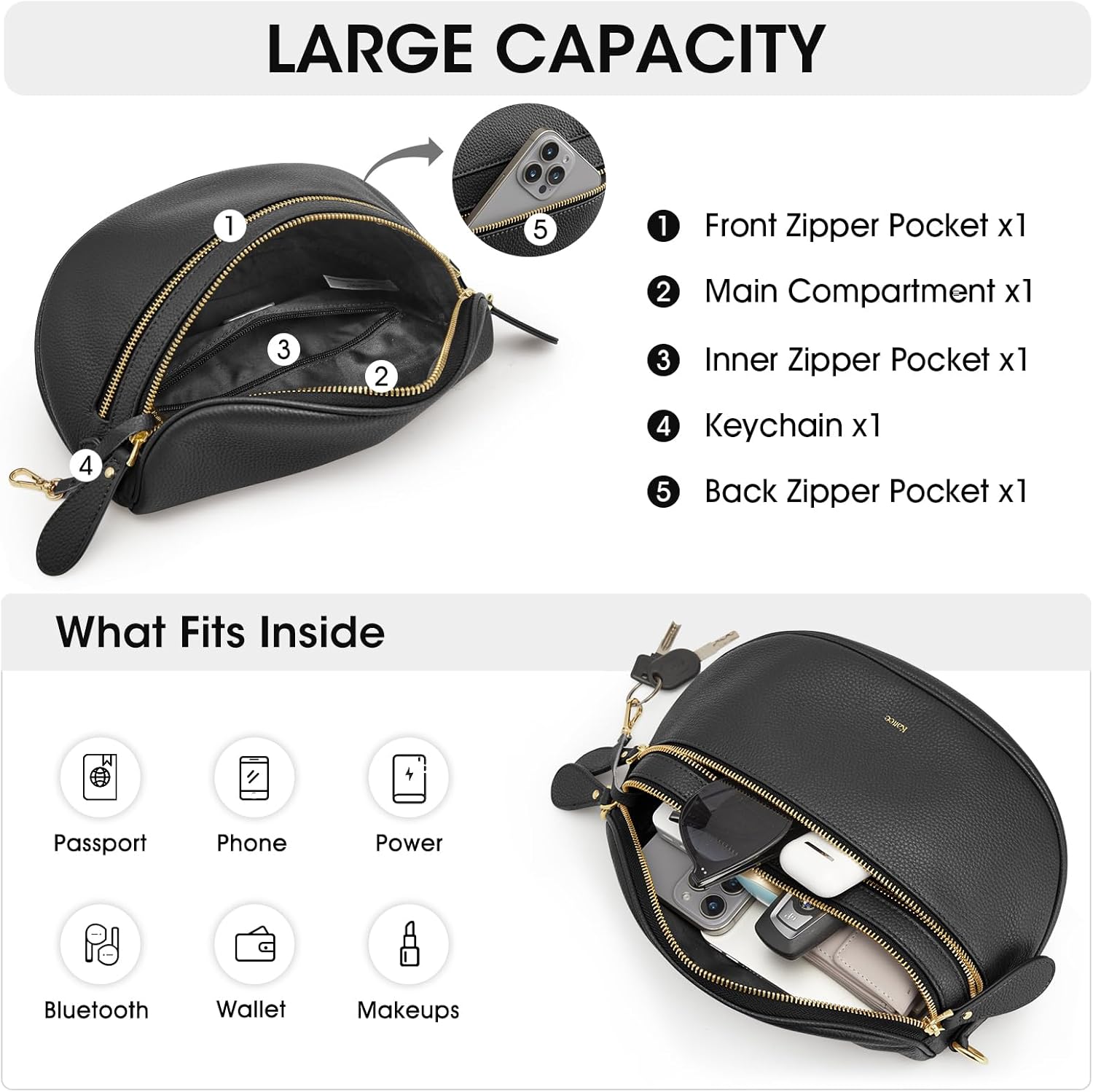 Kattee Crossbody Bag Bum Bags for Women, Leather Fanny Packs Belt Bag, Spacious Sling Purses for Women with RFID Blocking, Black - Image 6