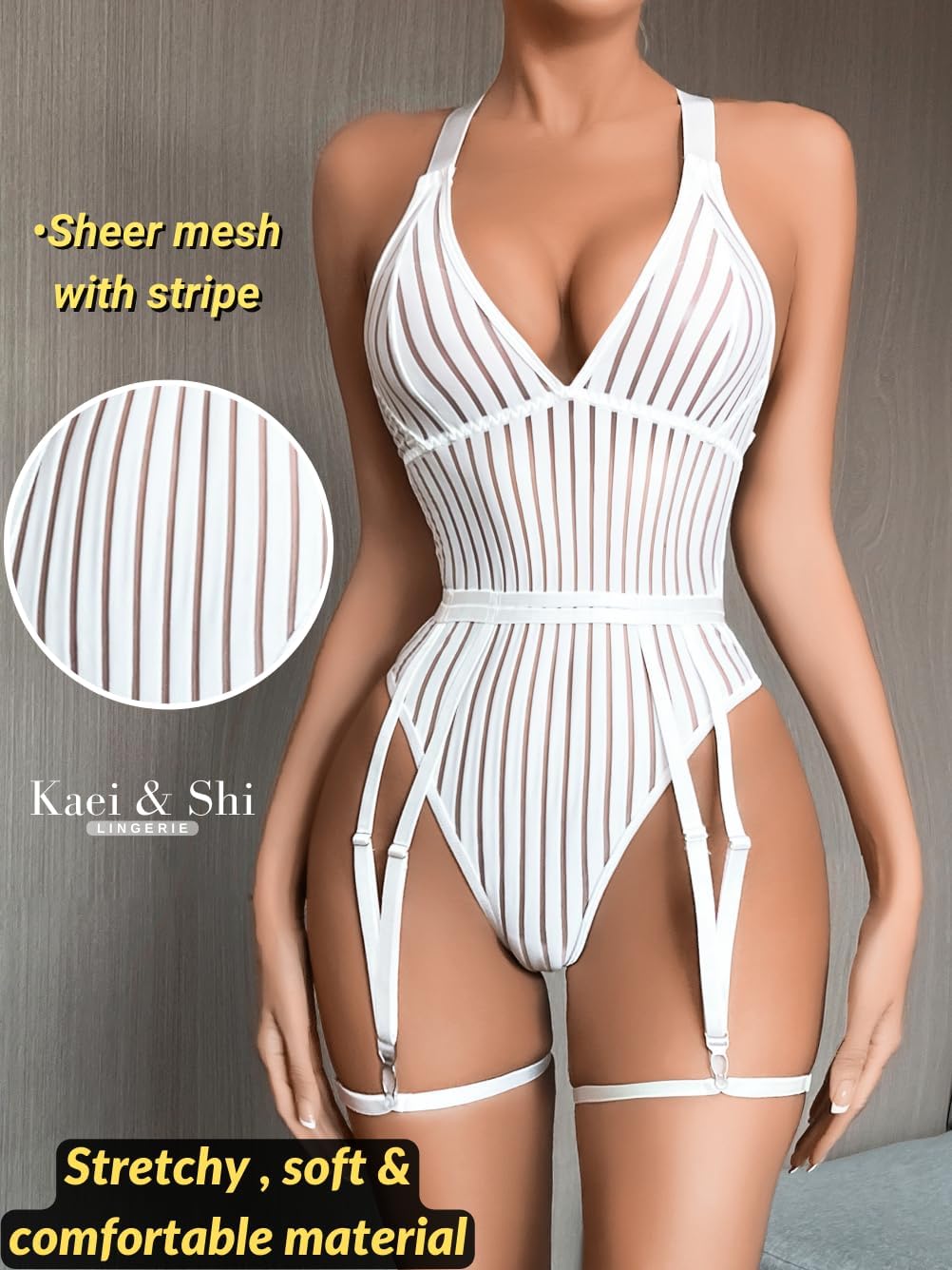 Kaei&Shi Sexy Ribbed Top,Plunge V, Snap Crotch, Leg Strap, Backless 3Pc Bodysuit - Image 4