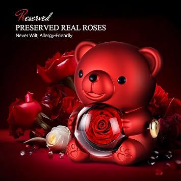 GOICC Rose Bear with Necklace Gifts Box for Her – Forever Preserved Red Rose, Birthday Gifts for Mum, Wife, Girlfriend, Nana, Romantic Gift Eternal Flower Anniversary Present for Women