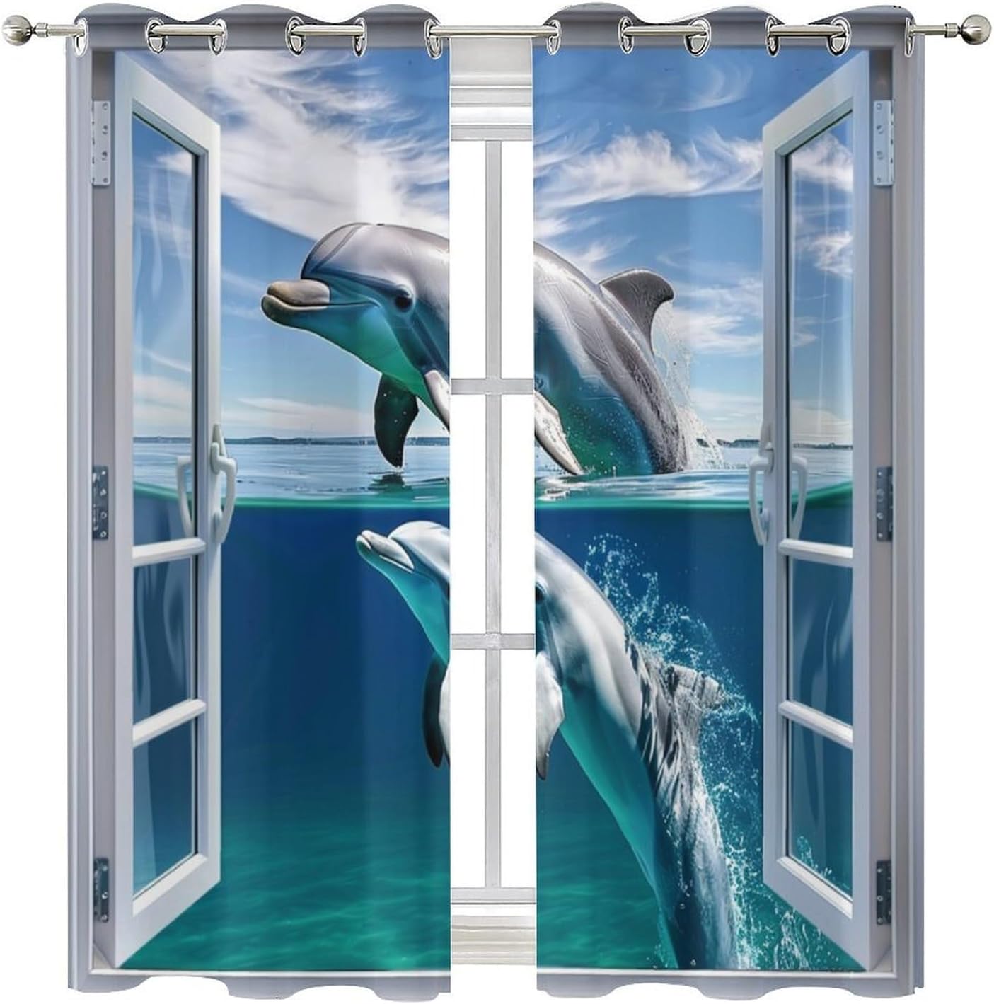 Ocean Fantasy Grommet Blackout Curtains for Bedroom, Sky Cloud Window Sea Dolphin Thermal Insulated Curtains Room Darkening Window Drapes, 21W x 54L, 2 Panels