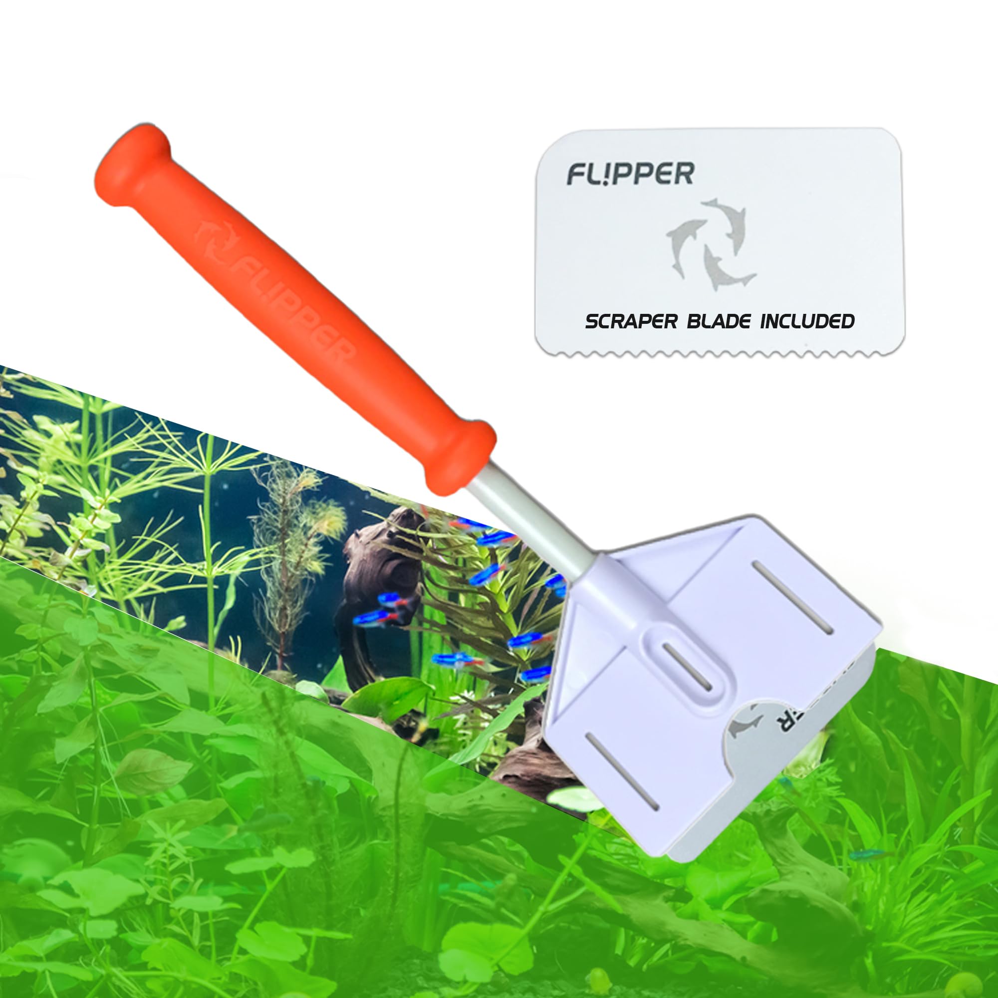 FLIPPER Platinum Stubby Hand Algae Scraper – Aquarium Glass & Acrylic Cleaner with Precision Scraper Blade, Fish Tank Cleaning Tool for Freshwater & Saltwater Aquariums (10” Rigid Shaft)