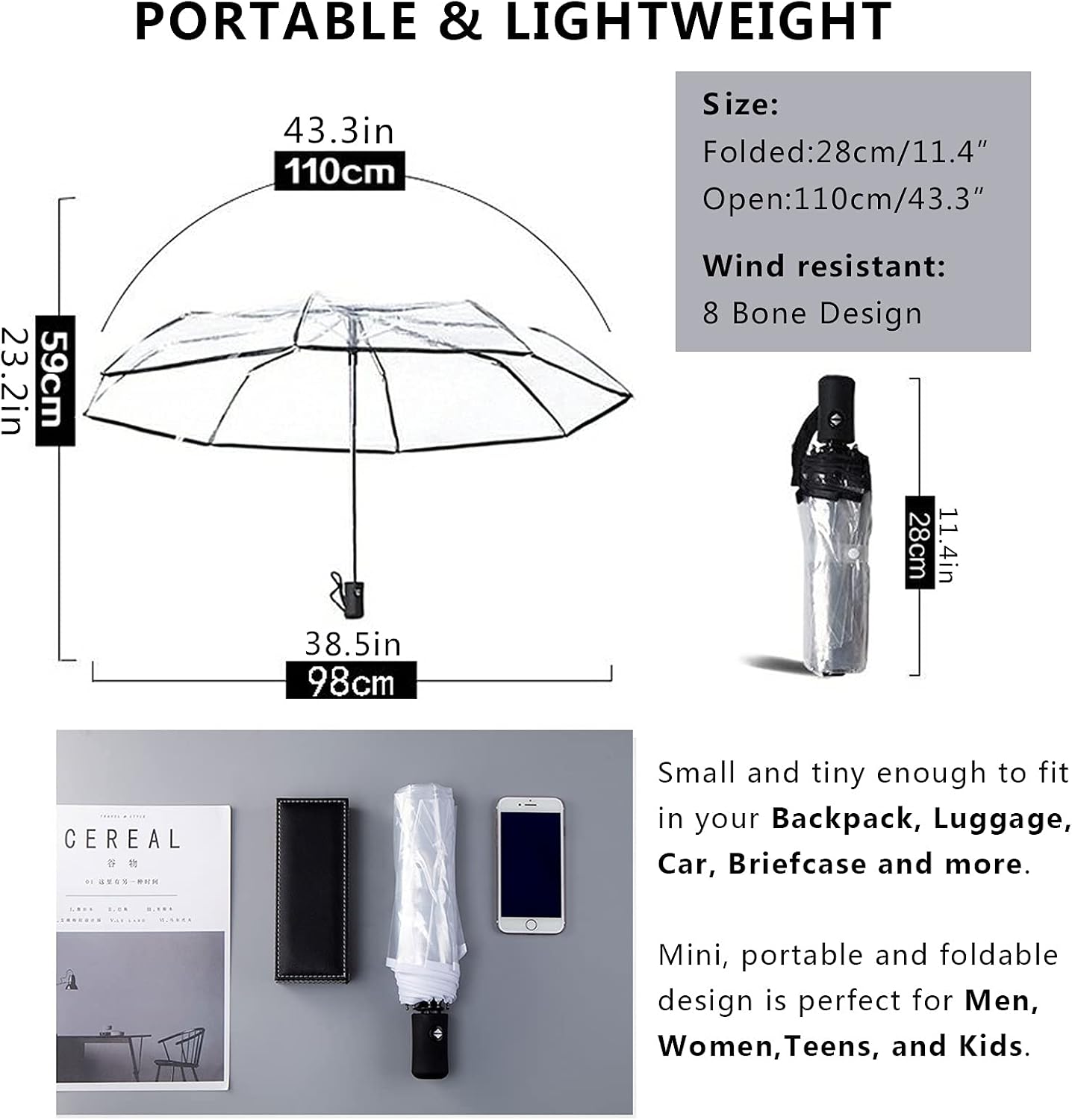 Clear Bubble Umbrella, Automatic Open/Close Transparent Travel Dome Umbrella for Women, Girls & Kids - Rainy & Windy Weather