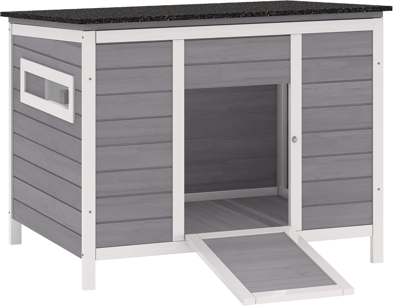 PawHut Duck Coop, Wooden Duck House Rabbit Hutch with Openable Roof, Removable Base, Elevated Legs, Ramp, Ventilated Windows, Bunny Cage for Feral Cats, Poultry, Small Animals, Gray