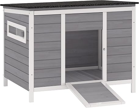 PawHut Duck Coop, Wooden Duck House Rabbit Hutch with Openable Roof, Removable Base, Elevated Legs, Ramp, Ventilated Windows, Bunny Cage for Feral Cats, Poultry, Small Animals, Gray