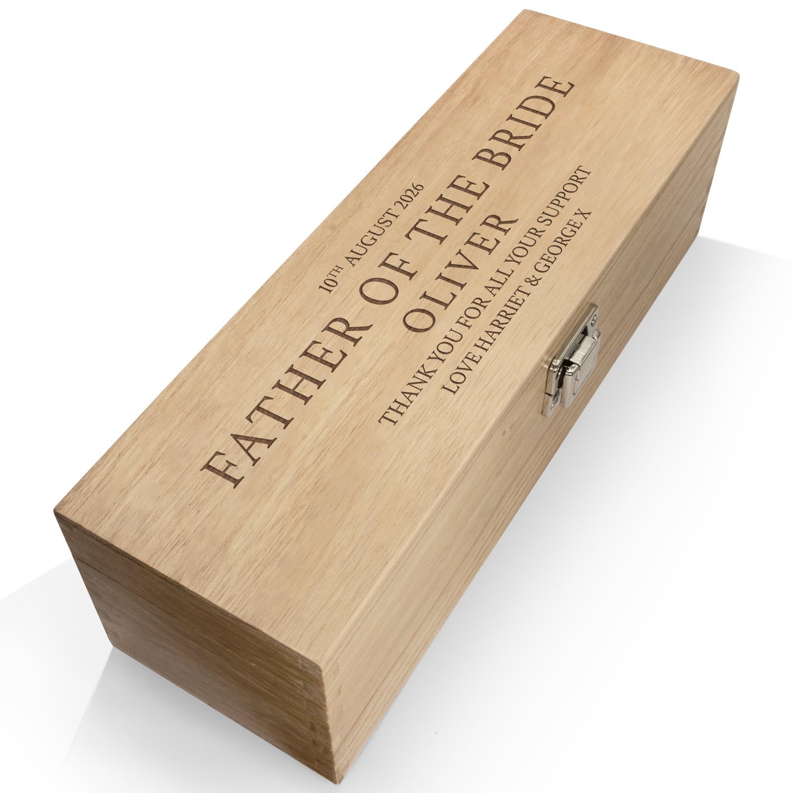 Personalised Wooden Wine Box with Hinged Lid – Custom Laser Engraved Gift with Wood Wool Filling - Wedding Design Father of the Bride Groom Bestman
