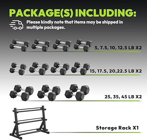 Miniatura 2 de Juego de mancuernas hexagonales con estante, 290-670 lb juego de mancuernas de ejercicio y fitness con revestimiento de goma, peso de mano para