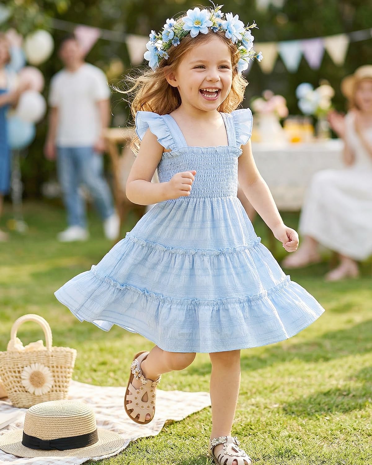 FishingDino Kleider für Mädchen Gr. 92-116, Leicht Gesmokt Ärmellos Sommerkleid Mädchen mit Rüschen & Rückenschleife, Kleinkind Baby Kleid Dress 1-6 Jahre
