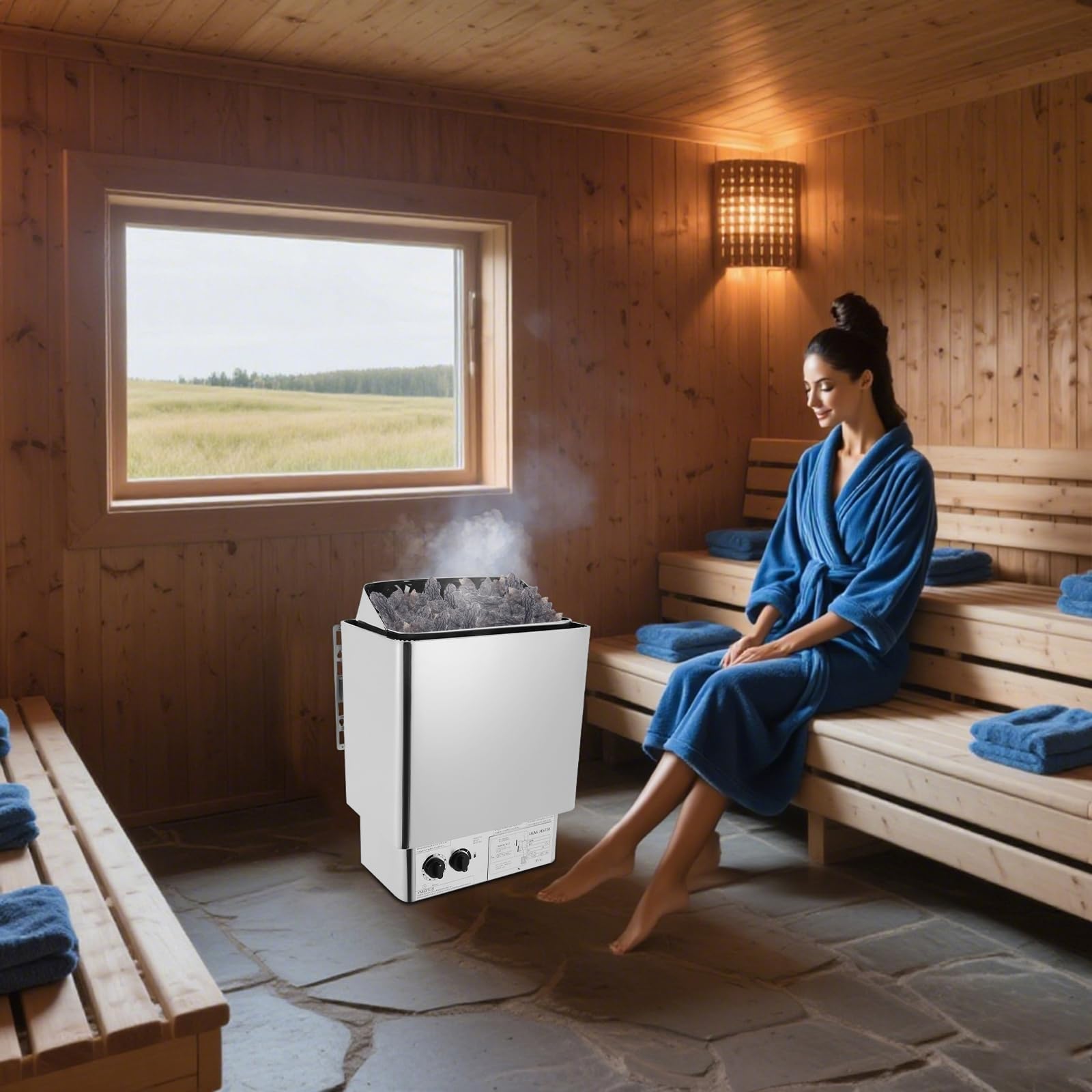 Piec do sauny 9 kW, stal nierdzewna, elektryczna, sucha sauna parowa ze zintegrowanym sterowaniem i zabezpieczeniem przed przegrzaniem, 9 m³, do sauny domowej/hotelowej/spa/prysznica, montaż na