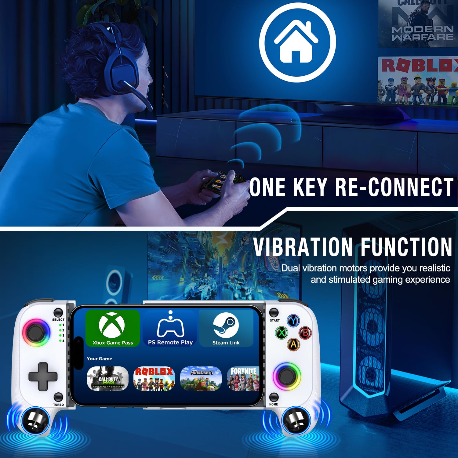 GIGEEKNY Controlador de teléfono para iPhone/Android compatible con funda de teléfono, controlador de juego móvil con luz LED, joysticks mejorados, turbo, gamepad de juegos de mano