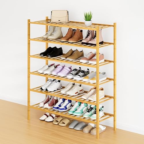 Miniatura 19 de Smiry Estante para zapatos, organizador de zapatos de bambú de 2 niveles, estante de almacenamiento de zapatos de madera apilable independiente para
