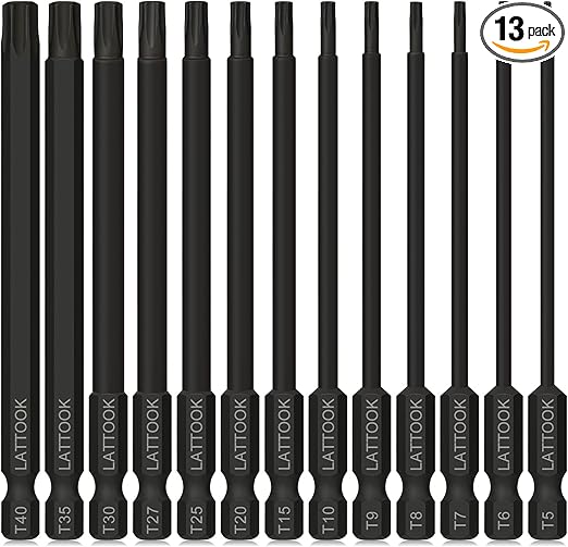 Torx Bit Set, LATTOOK 13-Piece Security Tamper Proof Torx Star Bits Set, Magnetic S2 Steel, 4'' Long, T5, T6, T7, T8, T9, T10, T15, T20, T25, T27, T30, T35, T40
