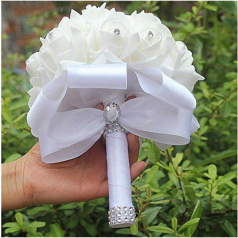 Bridal Bouquet Crystal Roses Bridesmaid Bouquet, Wedding Bouquet Artificial Flowers for Wedding, Party and Church (White)