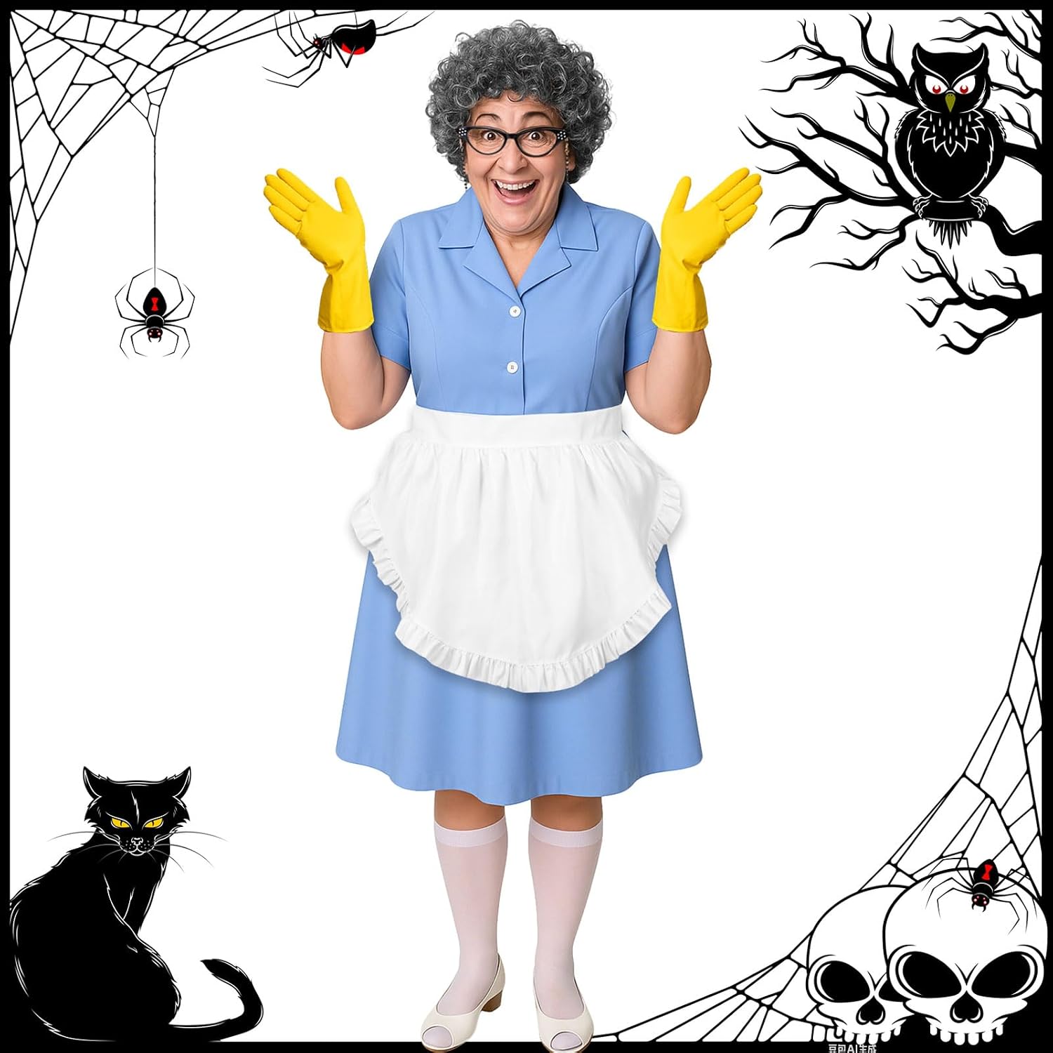 7 Pcs Old Lady Costume 100 Days of School Grandma Costume Old Lady Wig Dress Glasses Chain Apron Gloves Socks