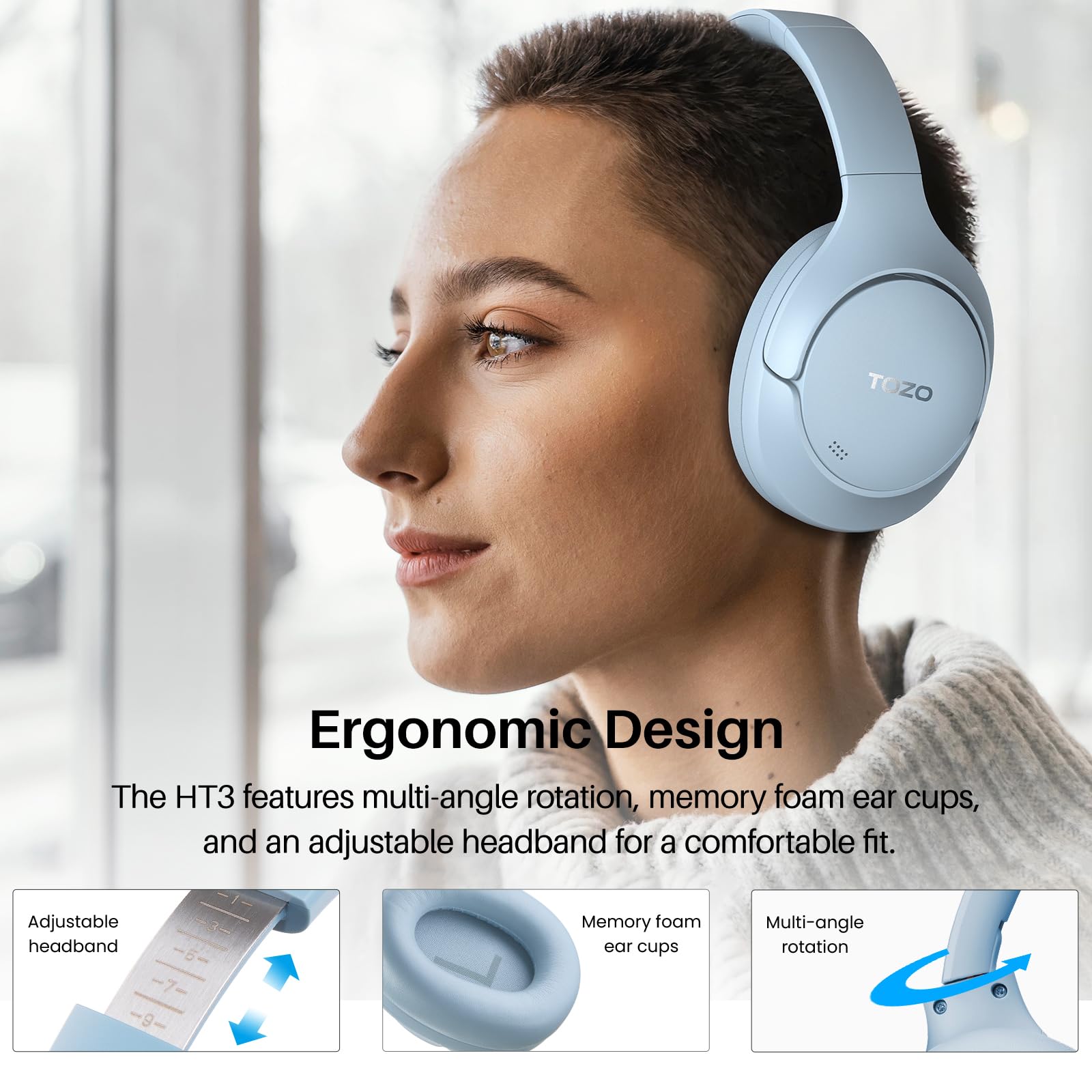 TOZO HT3 Hybrid Noise Cancelling Wireless Headphones, 90H Over Ear Headset view 8