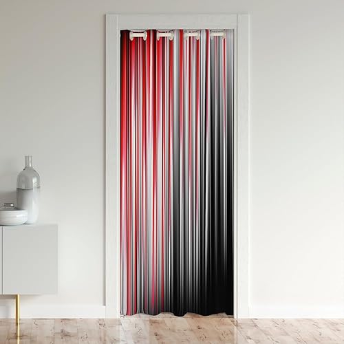 Cortina de puerta de tira roja para puerta, privacidad, 34 x 80 pulgadas, diseño geométrico, divisor de habitación, con líneas grises, 30% a 50%