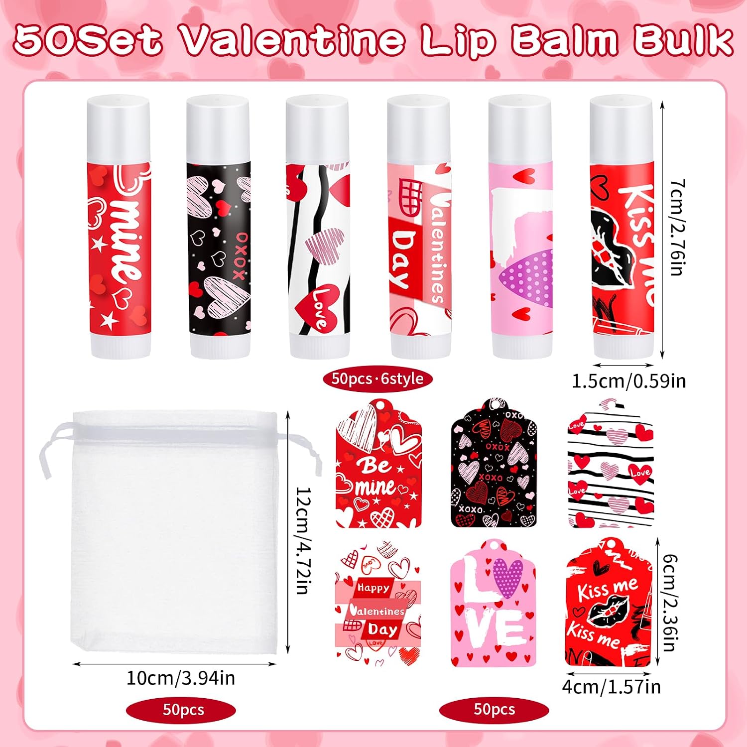 50 Set Valentines Party Favors Galentines Day Gifts Valentine Lip Balms Gloss Bulk for Women 6 Assorted Flavors Chapstick with Organza Bags and Cards for Wedding Bridal Shower Birthday