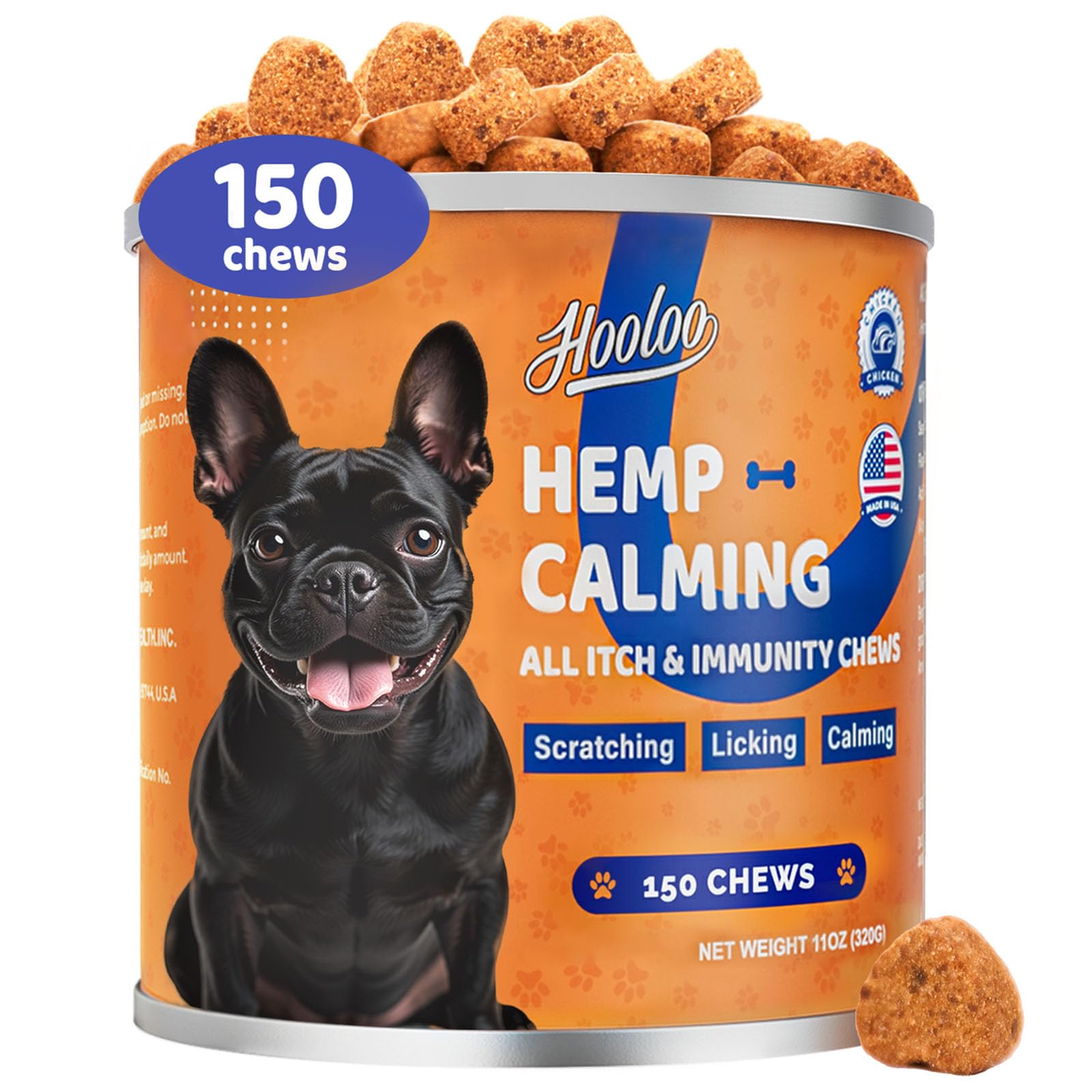HOOLOO Calming Dog Treats with Itch Immunity for Dogs Soothe Itchy Paws, Eyes, Ears, Skin, brown, 1 count (Pack of 150)