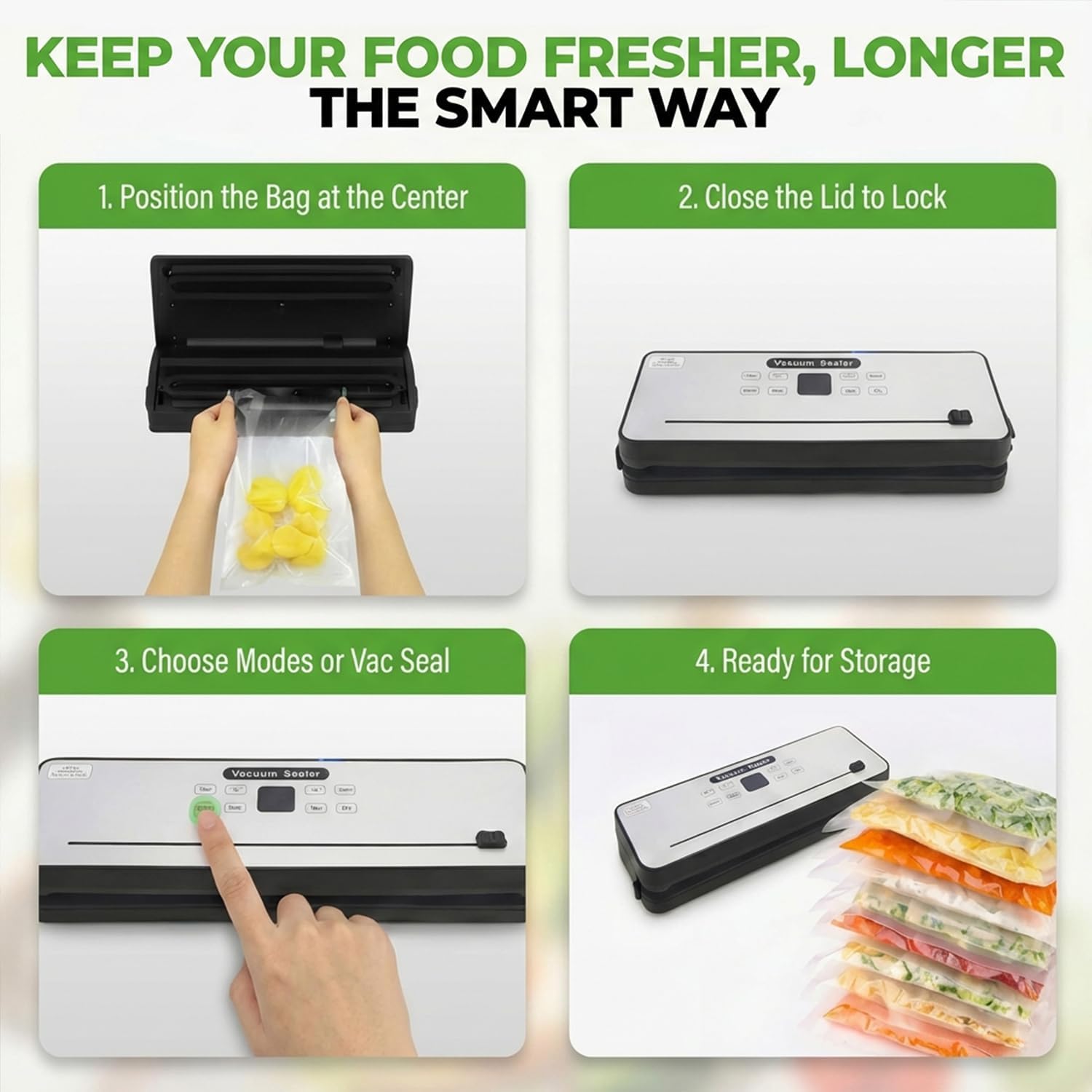 Vacuum Sealer Machine | Dry & Moist Food Modes, 4 Preset Functions, Adjustable Seal for Freshness & Sous Vide(White)