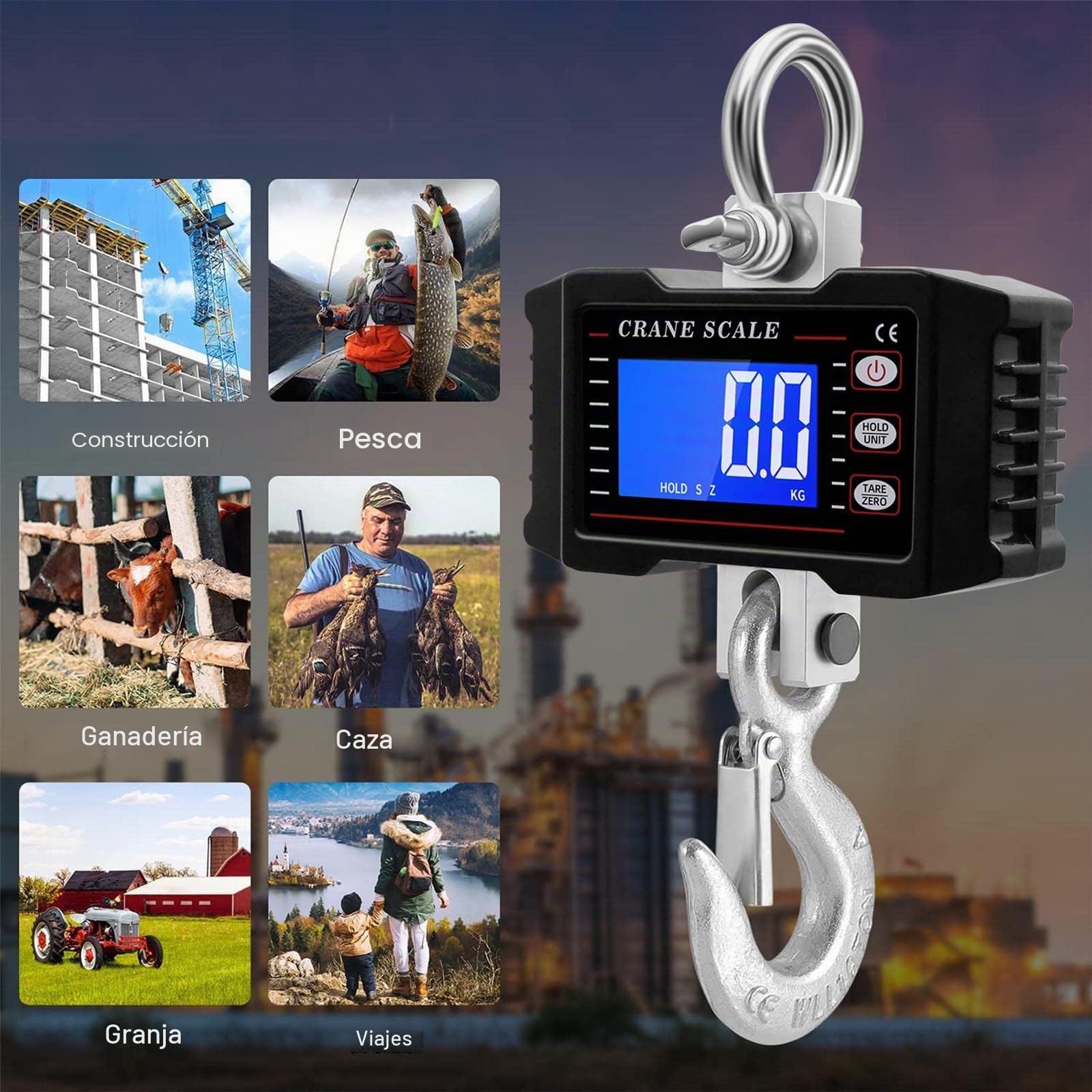 Báscula de grúa Electrónica 1000KG, Memows Báscula Colgante Portátil con Pantalla LCD y Control Remoto, Recargable Balanza Digital de Alta Precisión,Industrial Escala con Gancho Resistente para granja