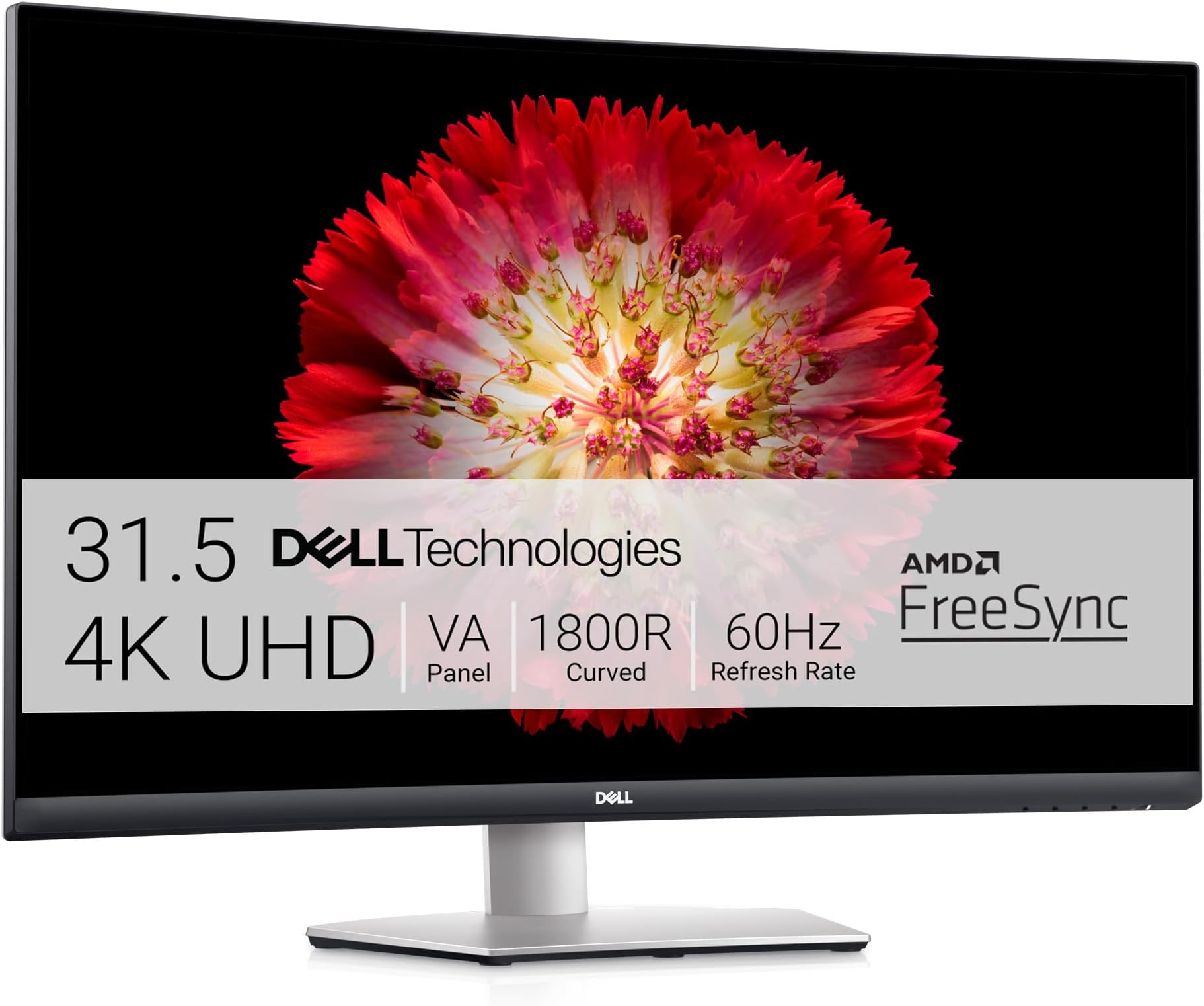 Dell S3221QS 32 Inch Curved 4K UHD (3840 x 2160), VA Ultra-Thin Bezel Monitor, 60Hz, 4MS Response Time, 90% DCI-P3, 99% sRGB, AMD FreeSync, HDMI, DisplayPort, Built in Speakers, VESA Certified, Silver