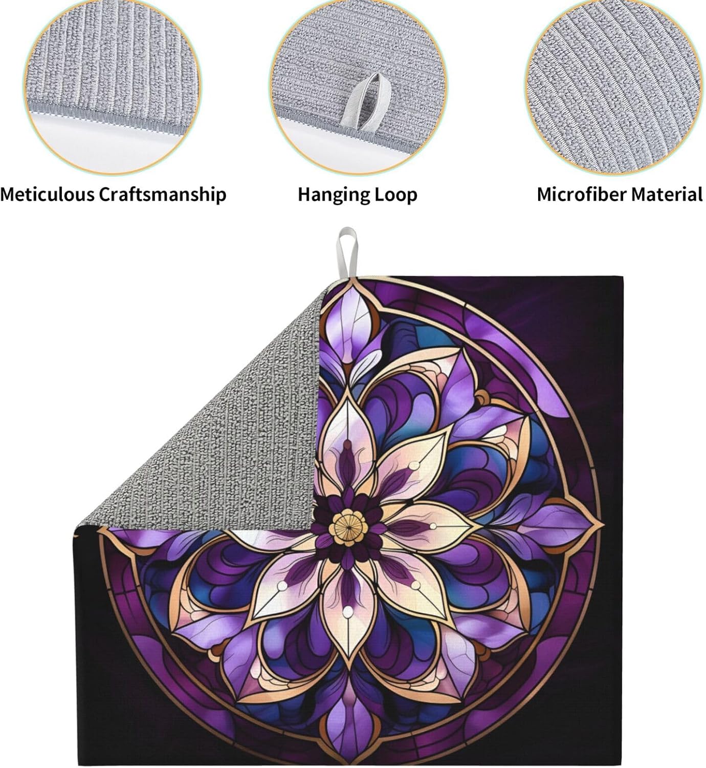Purple Stained Glass Mandala Floral Dish Drying Mat For Kitchen Counter Dry Mats Microfiber Dish Drainer Mat Protector Pad Absorbent Fast Drying Kitchen Must-Have 16x18 Inch