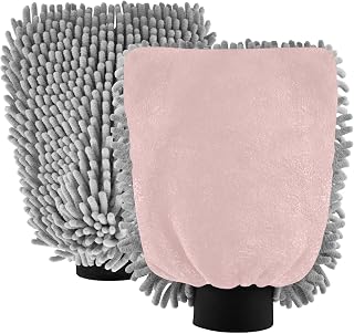 Manoplas de microfibra para lavado de coche, color rosa claro, sin arañazos, paquete de 2