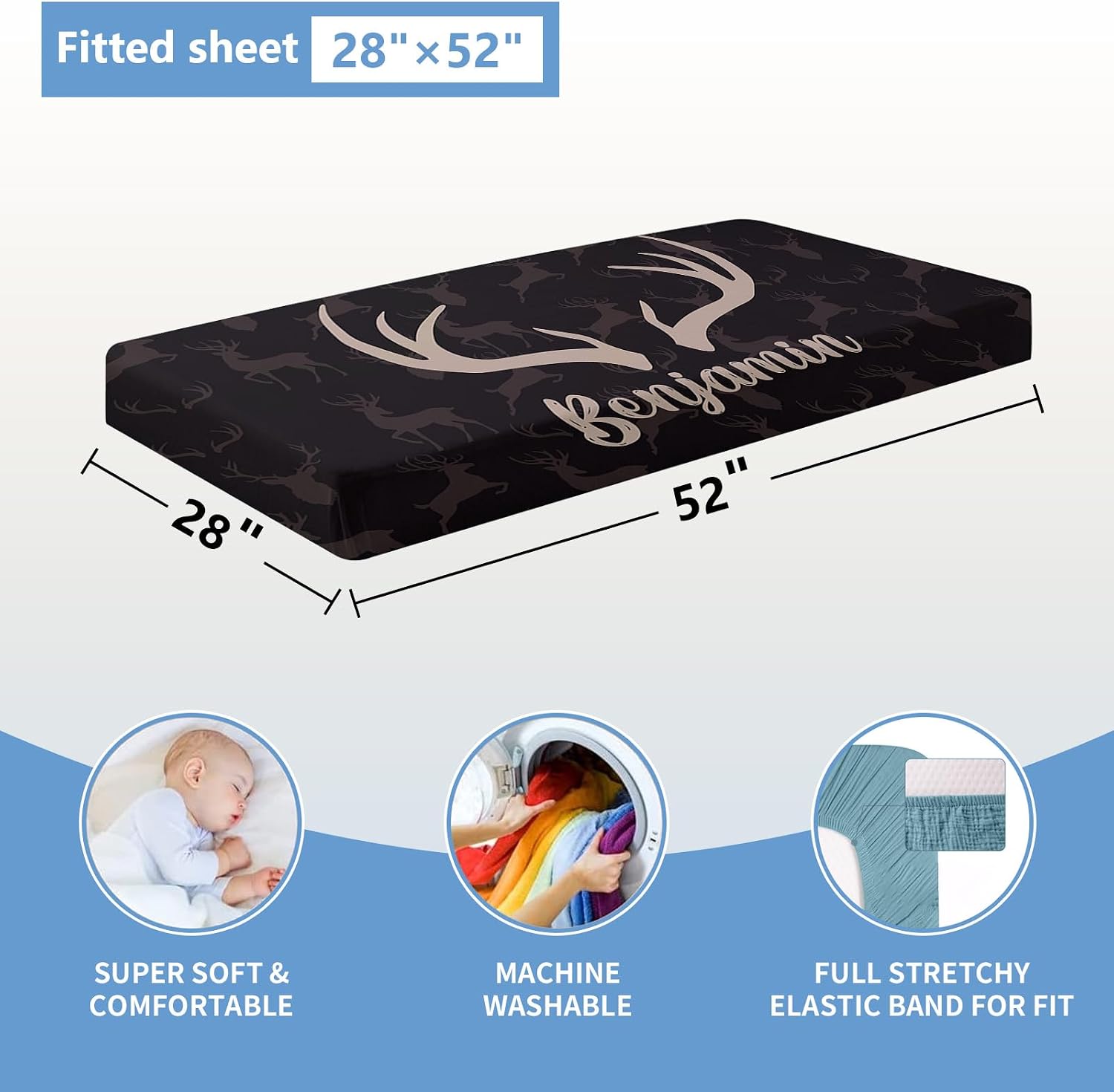 KAINSY Personalized Baby Crib Bedding Set, 3 Pcs Custom Name Baby Crib Sets for Kid Toddler Infant, Double Layer Nursery Bedding Set for Boy Girl, Black Woodland Deer Baby Bedding Set Customized Gift