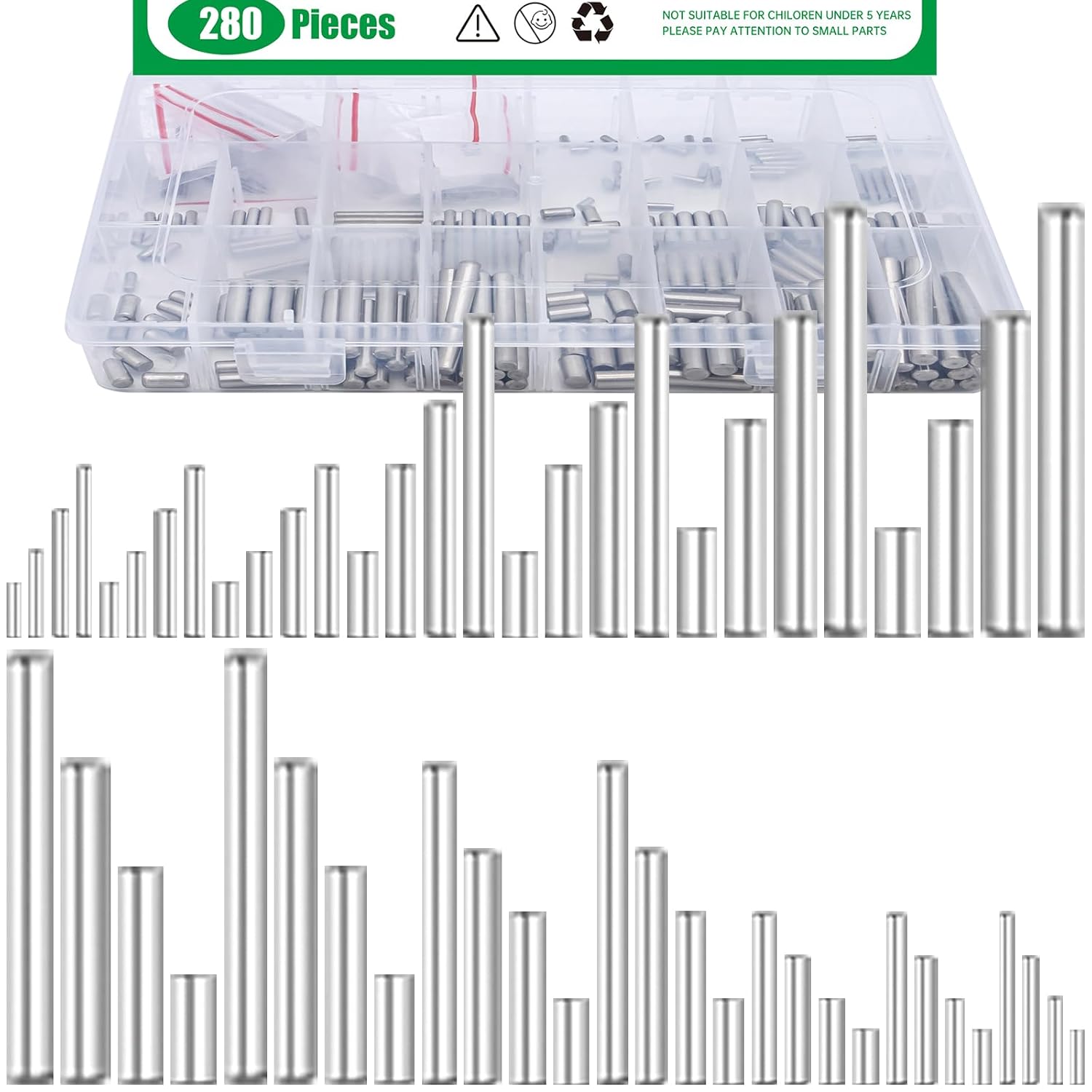 280Pcs 28 Sizes 304 Stainless Steel Dowel Pins Assortment Set, M1.5 M2 M2.5 M3 M4 M5 M6 Shelf Support Peg Pin Rod Fasten Elements