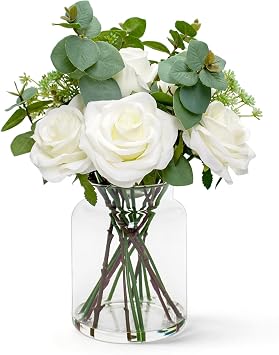 Fake Flowers in Vase with Faux Water - Artificial White Roses & Eucalyptus Arrangement for Farmhouse Dining Table Centerpiece Home Office Coffee Table Decor