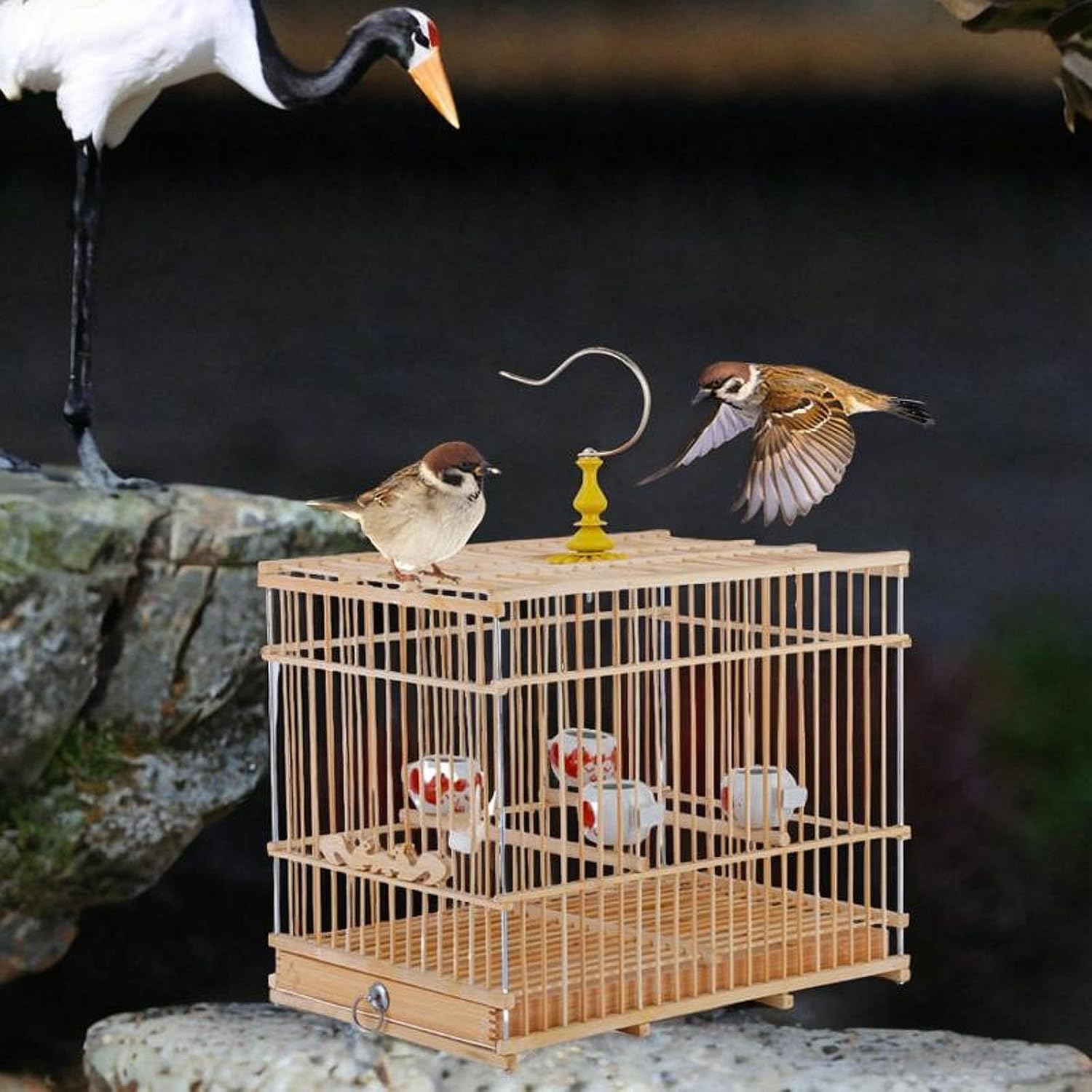 Bamboo Bird Cage Stand with Food Bowl & Perch - 11.81x7.87x9.45 inch Pet House for Parakeets Macaw African Grey Canary Cockatoos